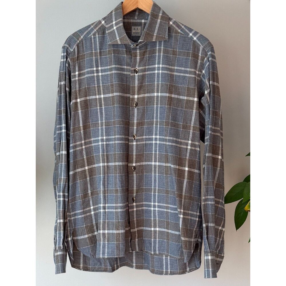 IKE BEHAR Plaid Button Down Men's Shirt Grey Blue Long Sleeve Cotton